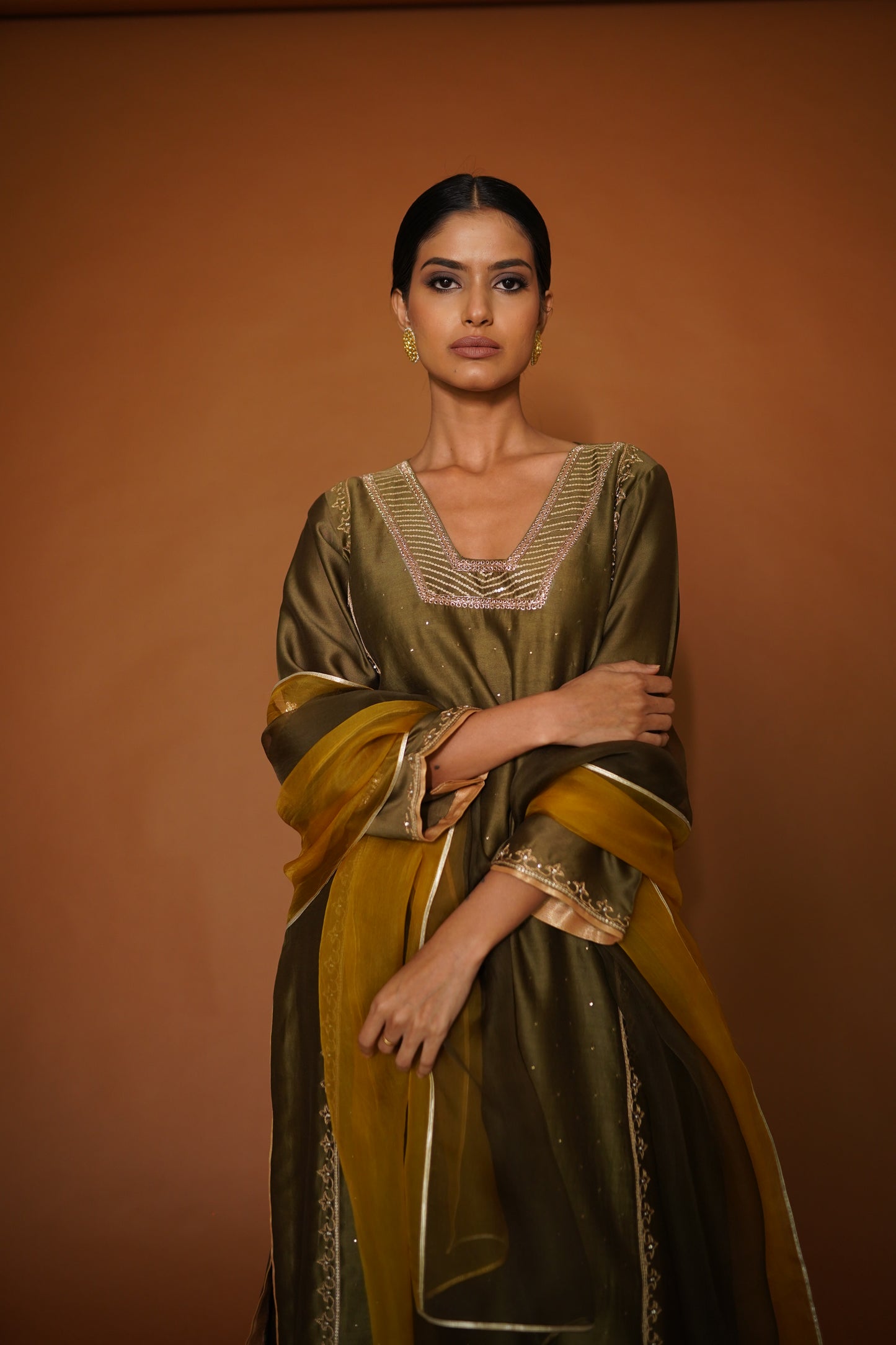 Olive Green Kalidar Kurta with Pants & Organza Dupatta
