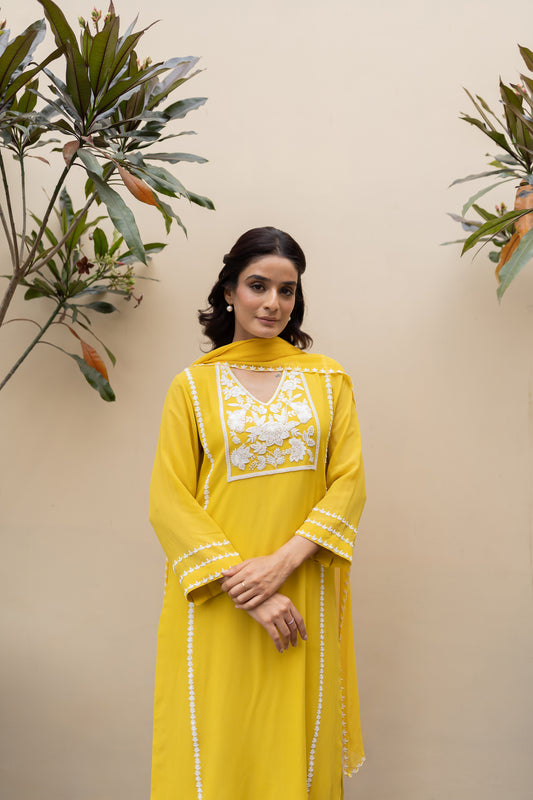 Mustard Georgette kali kurta with pants and dupatta