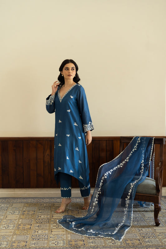 Blue Chanderi Asymmetrical Kurta with Pants and Organza Dupatta