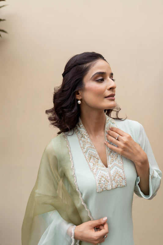 Mint green georgette kali kurta with pants and double shaded organza dupatta.