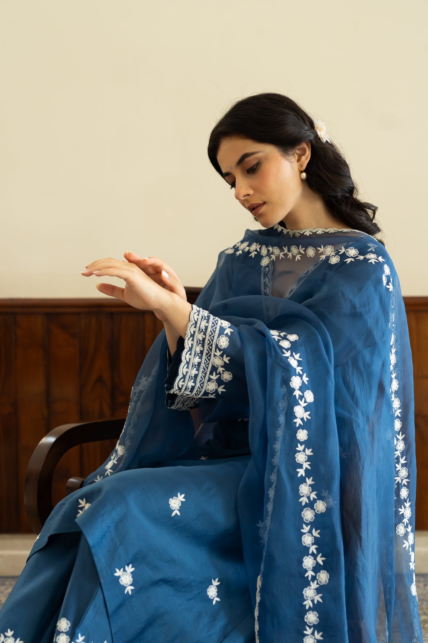Blue Chanderi Asymmetrical Kurta with Pants and Organza Dupatta