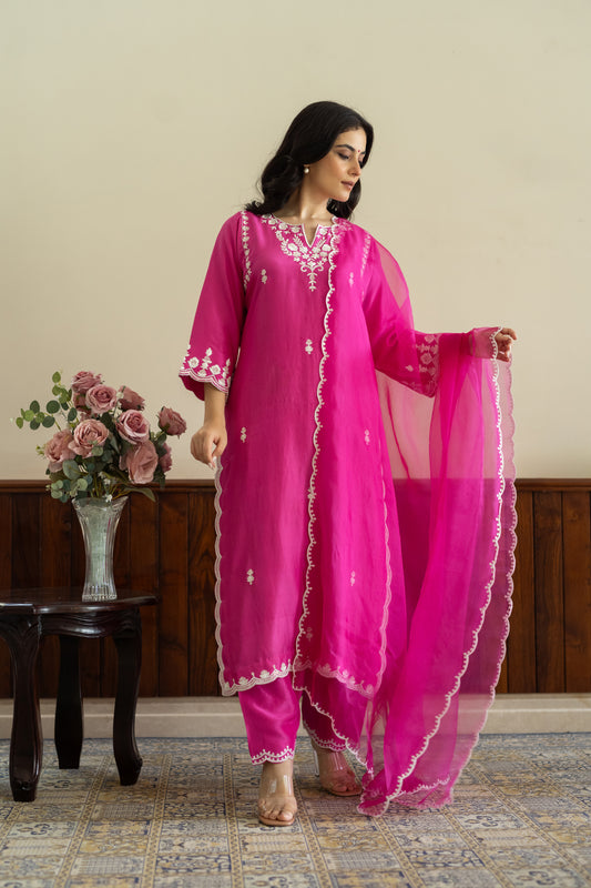 Fuscia pink dupion silk suit with salwar and organza dupatta