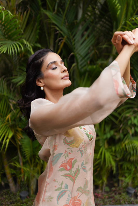 Crepe Digital Printed Co-ord set with organza overlay.