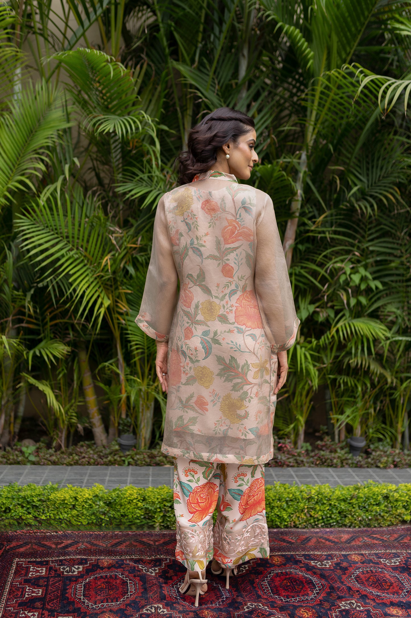 Crepe Digital Printed Co-ord set with organza overlay.