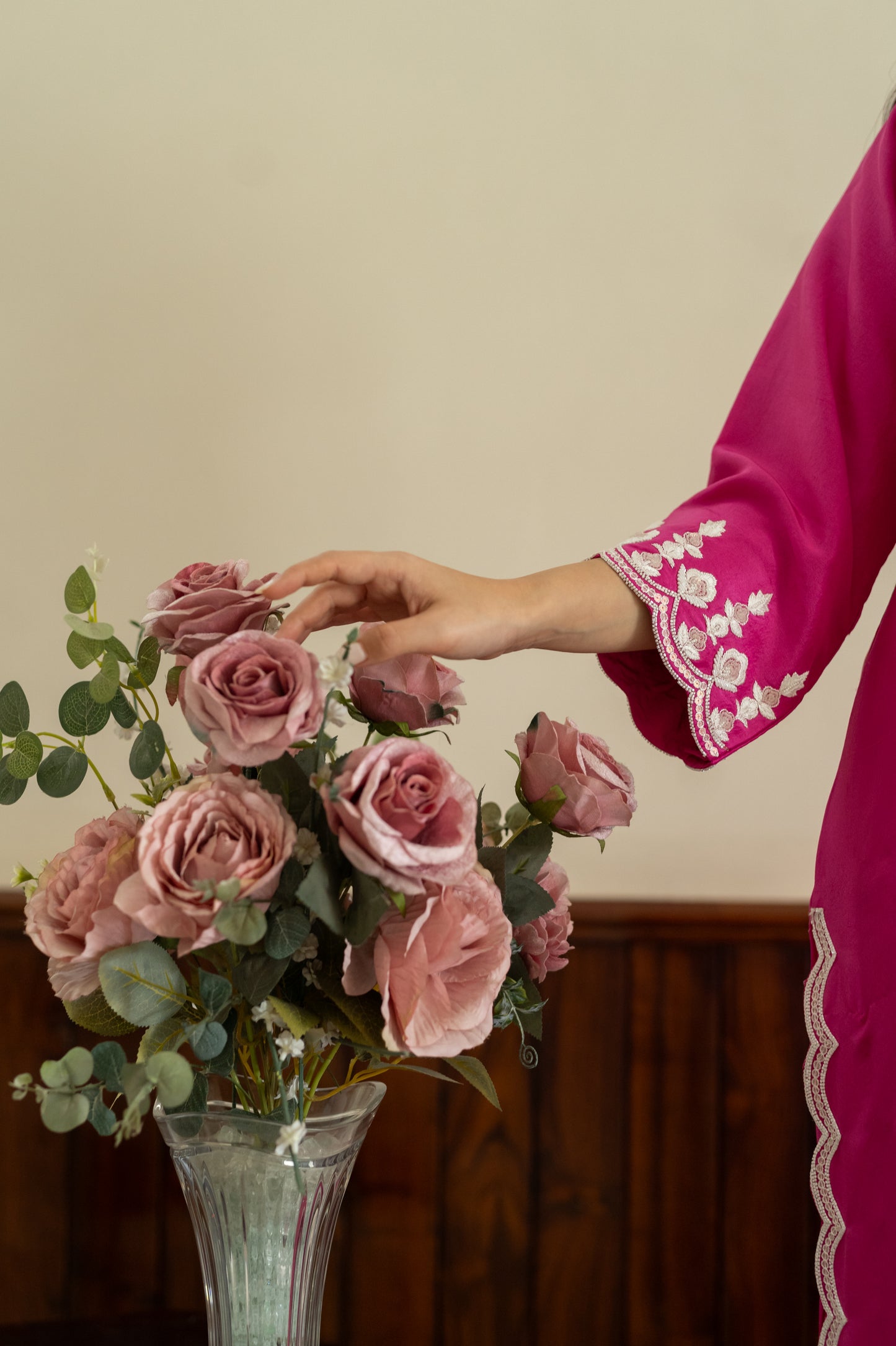 Fuscia pink dupion silk suit with salwar and organza dupatta