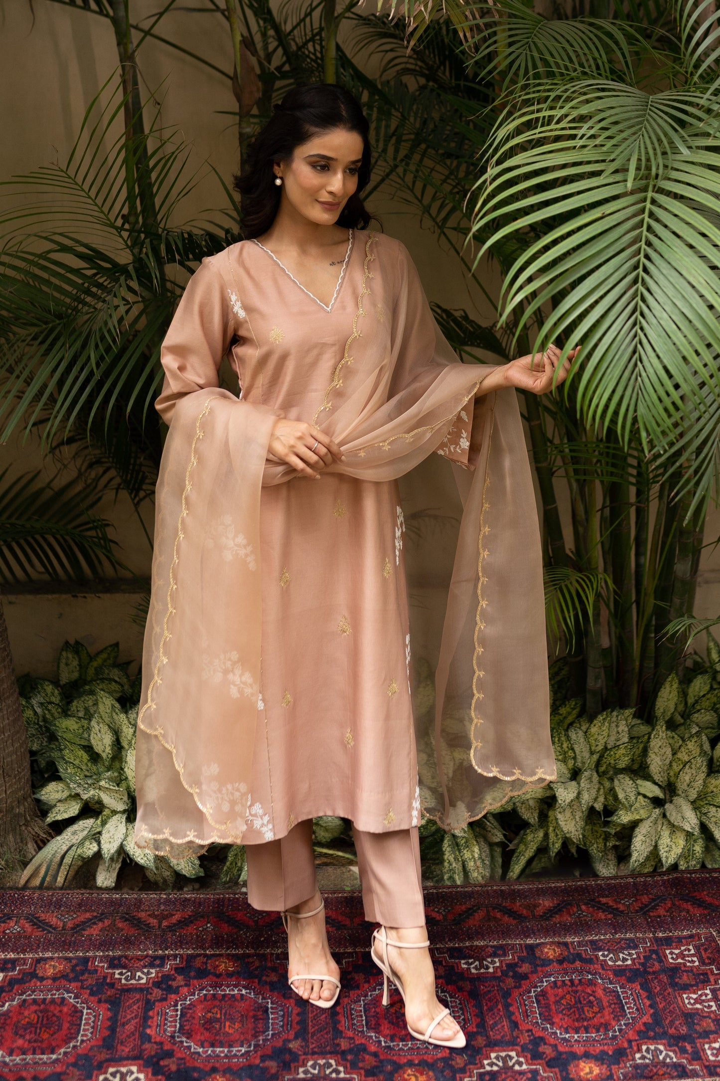 Beige Chanderi kali kurta with pants and organza scalloped dupatta