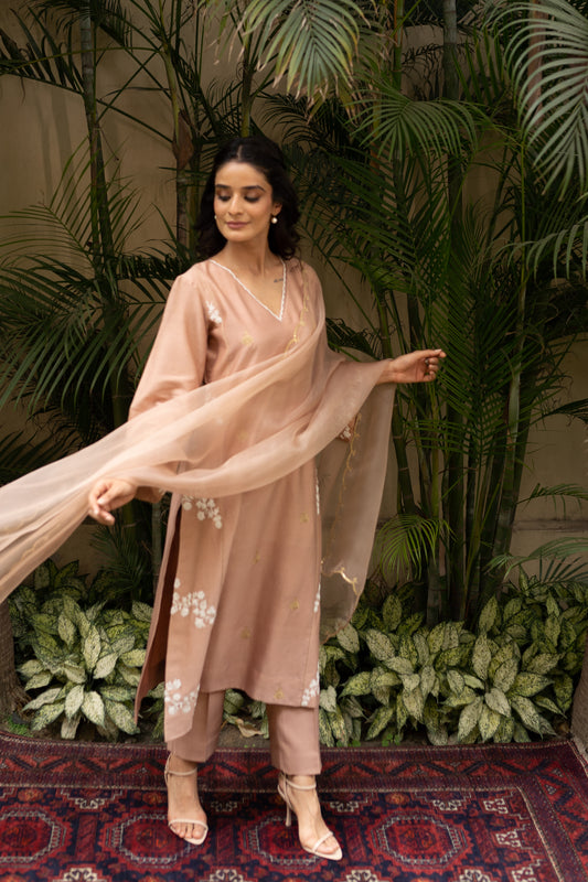 Beige Chanderi kali kurta with pants and organza scalloped dupatta