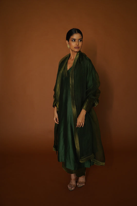 Fern Green Kali Kurta with Zari Chanderi Pants & Organza Dupatta
