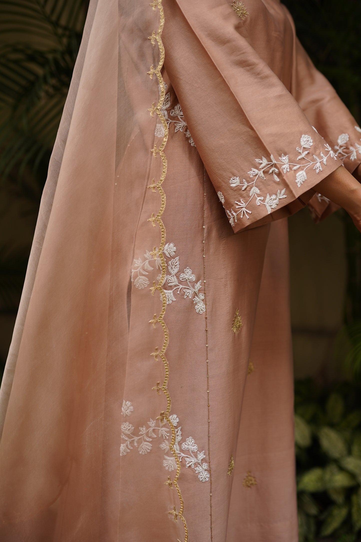 Beige Chanderi kali kurta with pants and organza scalloped dupatta