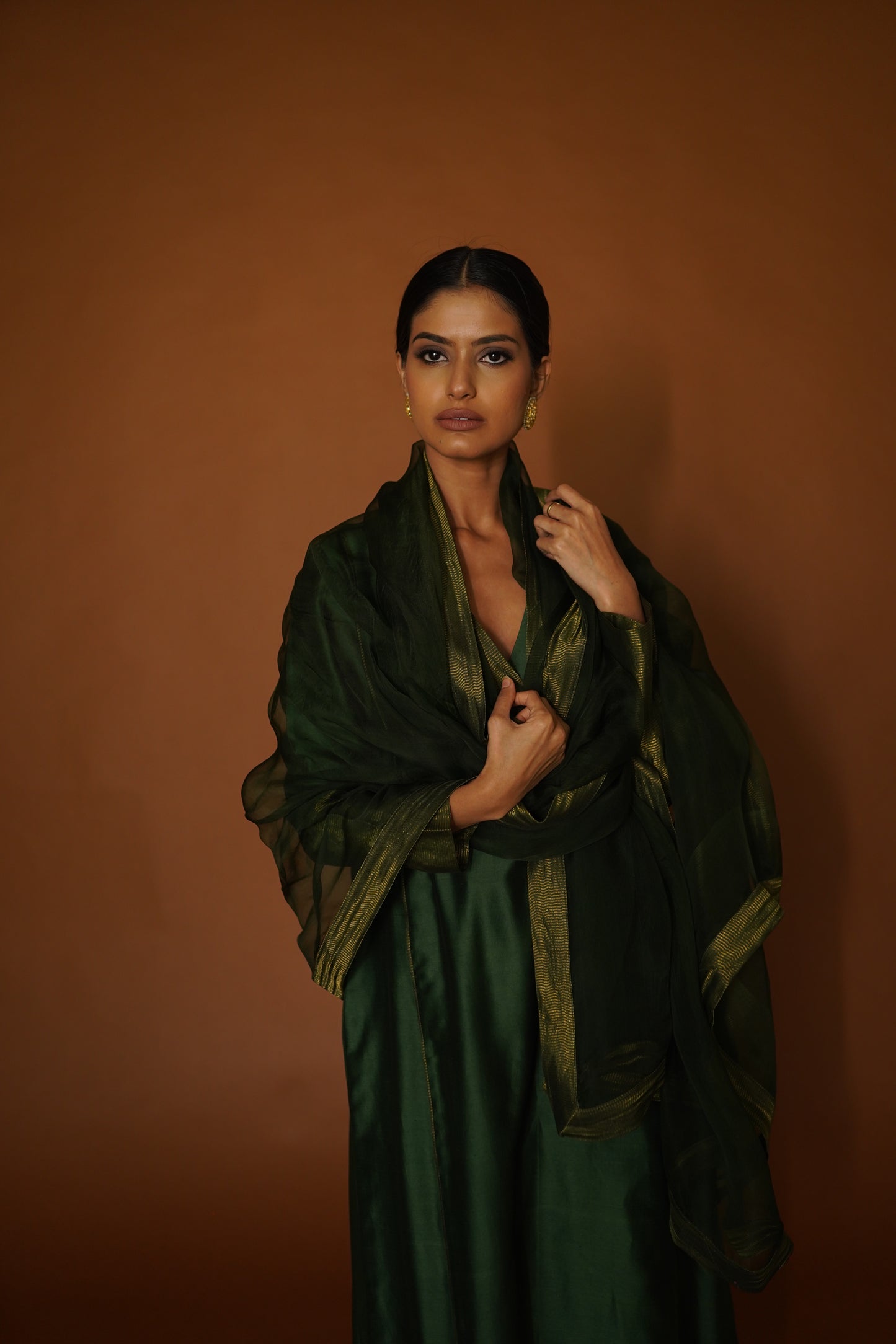 Fern Green Kali Kurta with Zari Chanderi Pants & Organza Dupatta