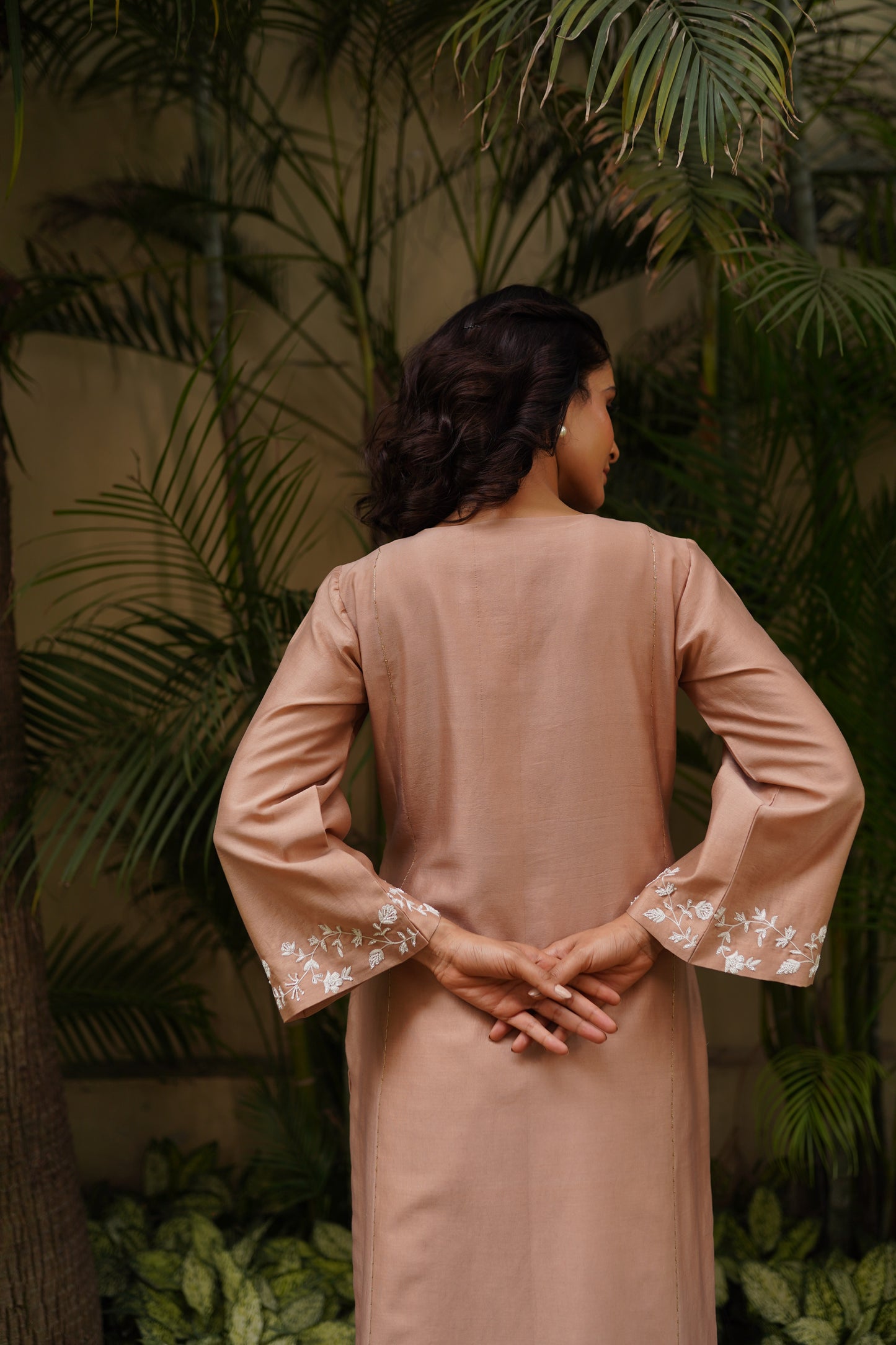 Beige Chanderi kali kurta with pants and organza scalloped dupatta