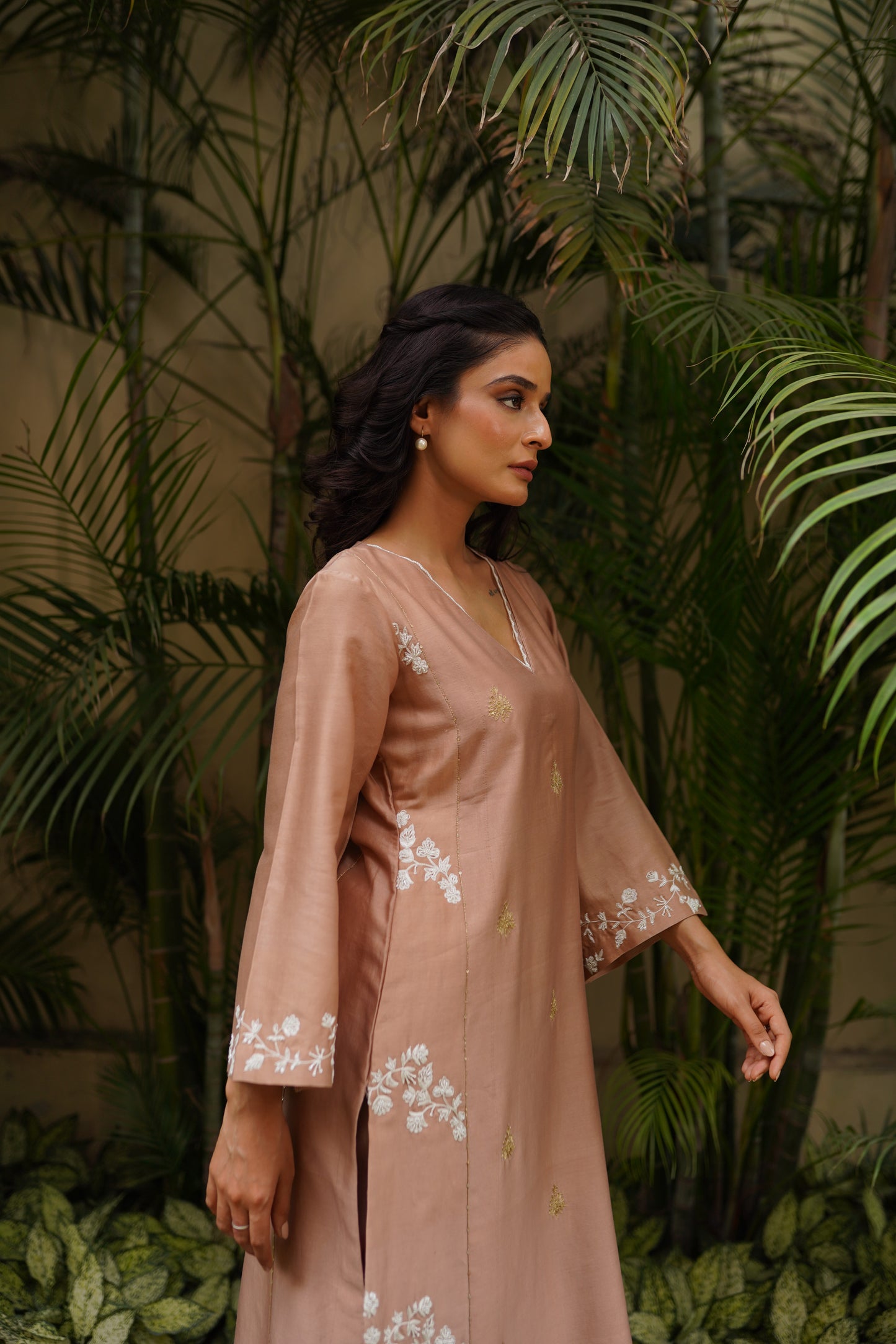 Beige Chanderi kali kurta with pants and organza scalloped dupatta
