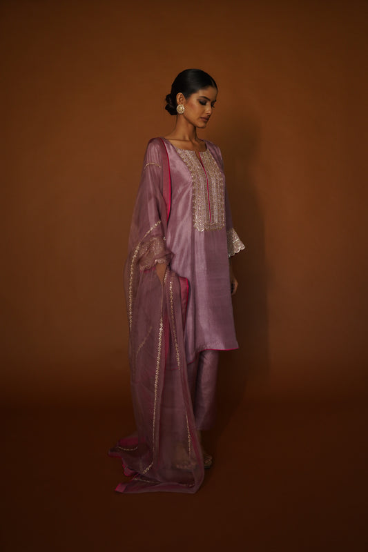 Mauve Pink Dupion Silk Kurta with Silk Pants & Organza Dupatta