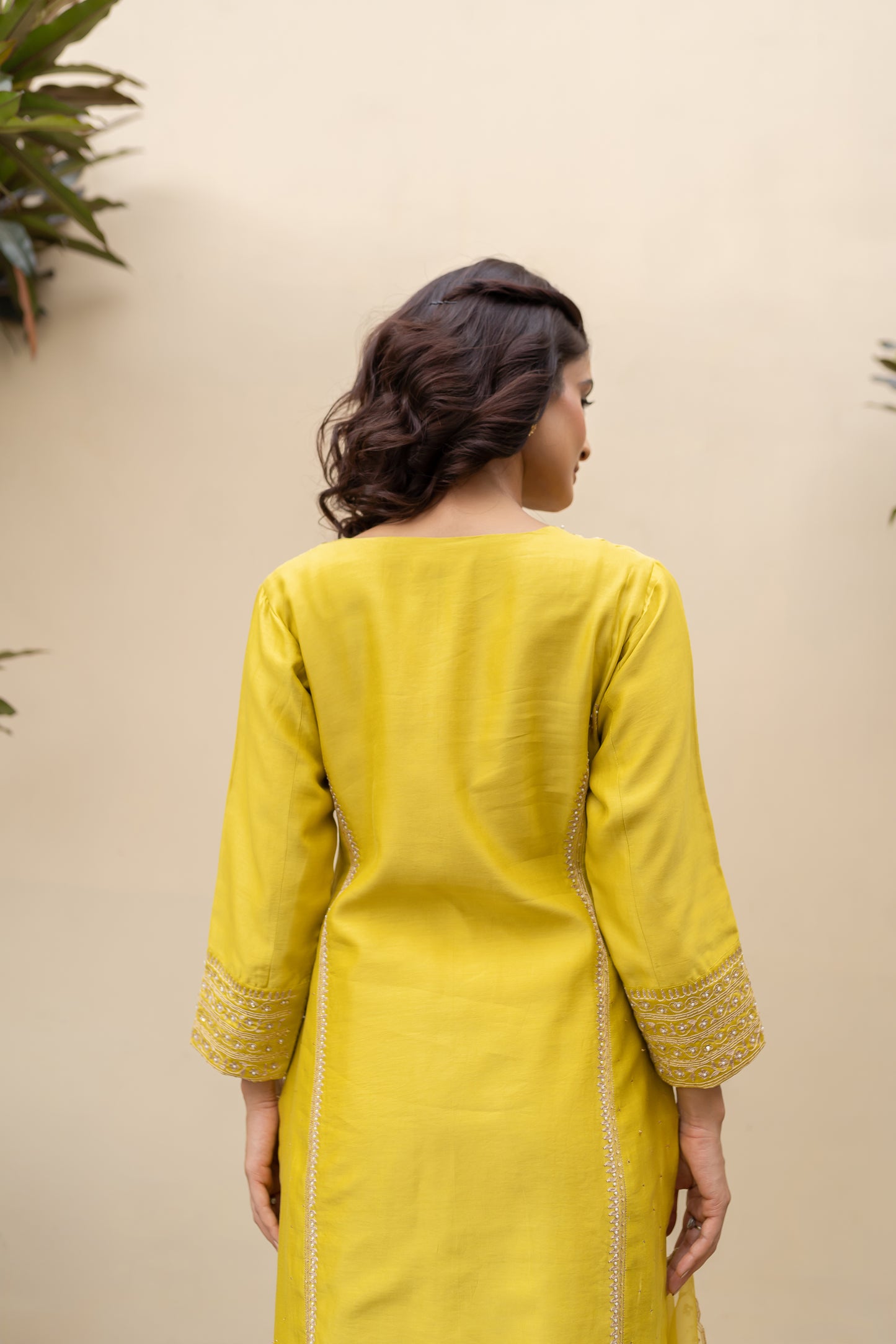 Lime Green Chanderi mukaish kali kurta with pants and organza dupatta.