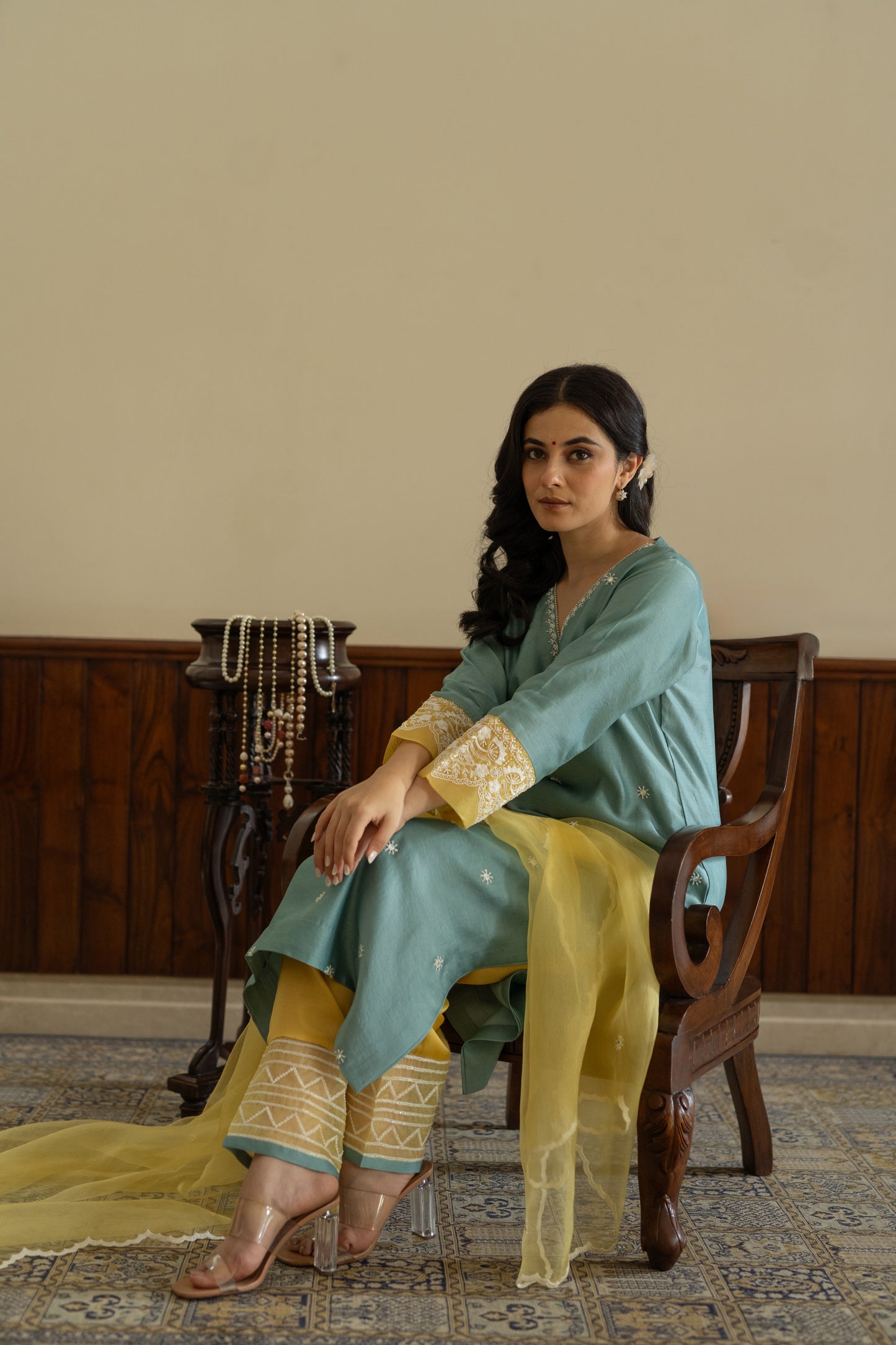 Turquoise kurta with yellow salwar and yellow organza dupatta