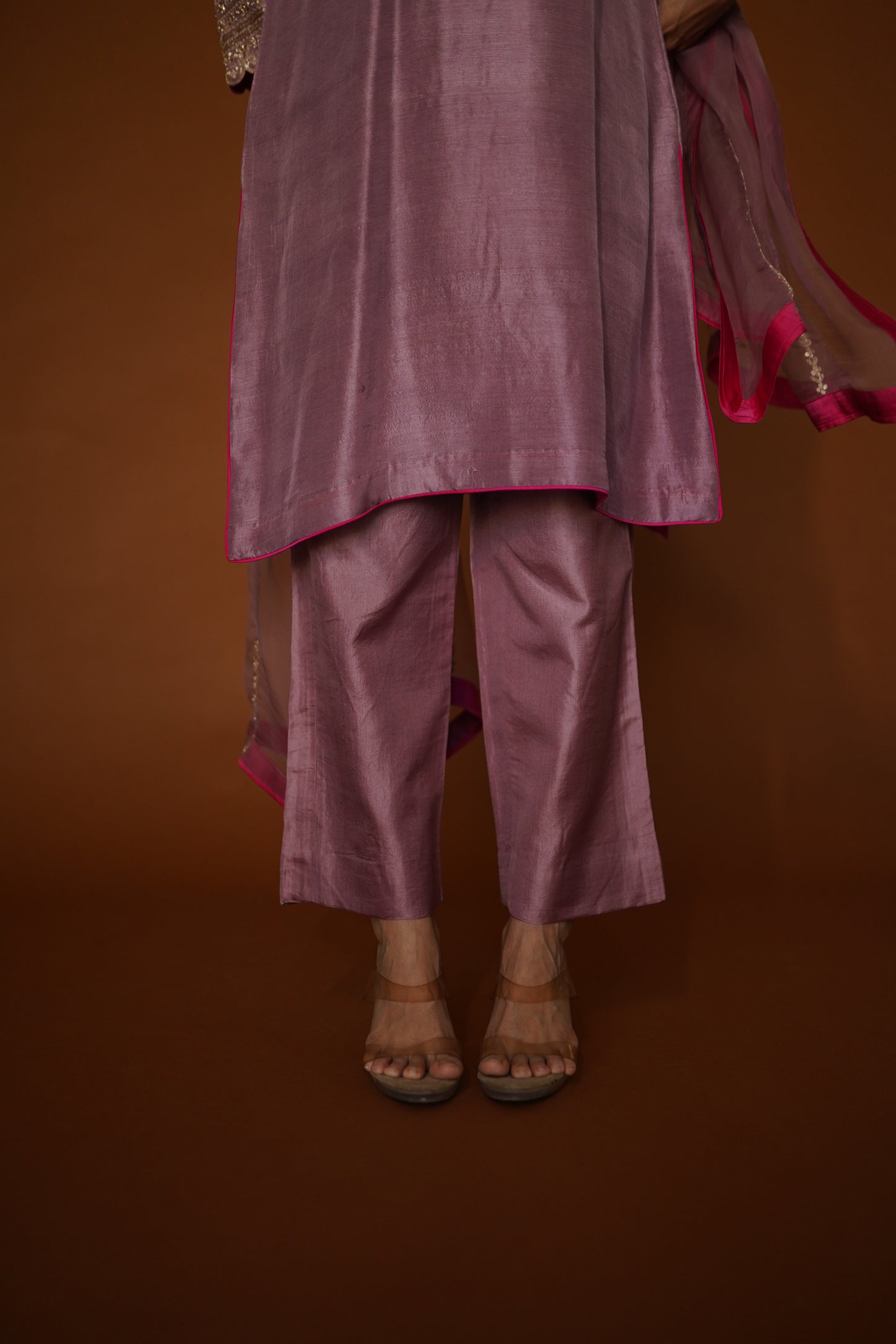 Mauve Pink Dupion Silk Kurta with Silk Pants & Organza Dupatta