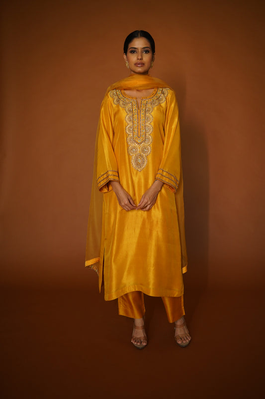 Sunglow Mustard Dupion Silk Kurta with Pants & Organza Dupatta
