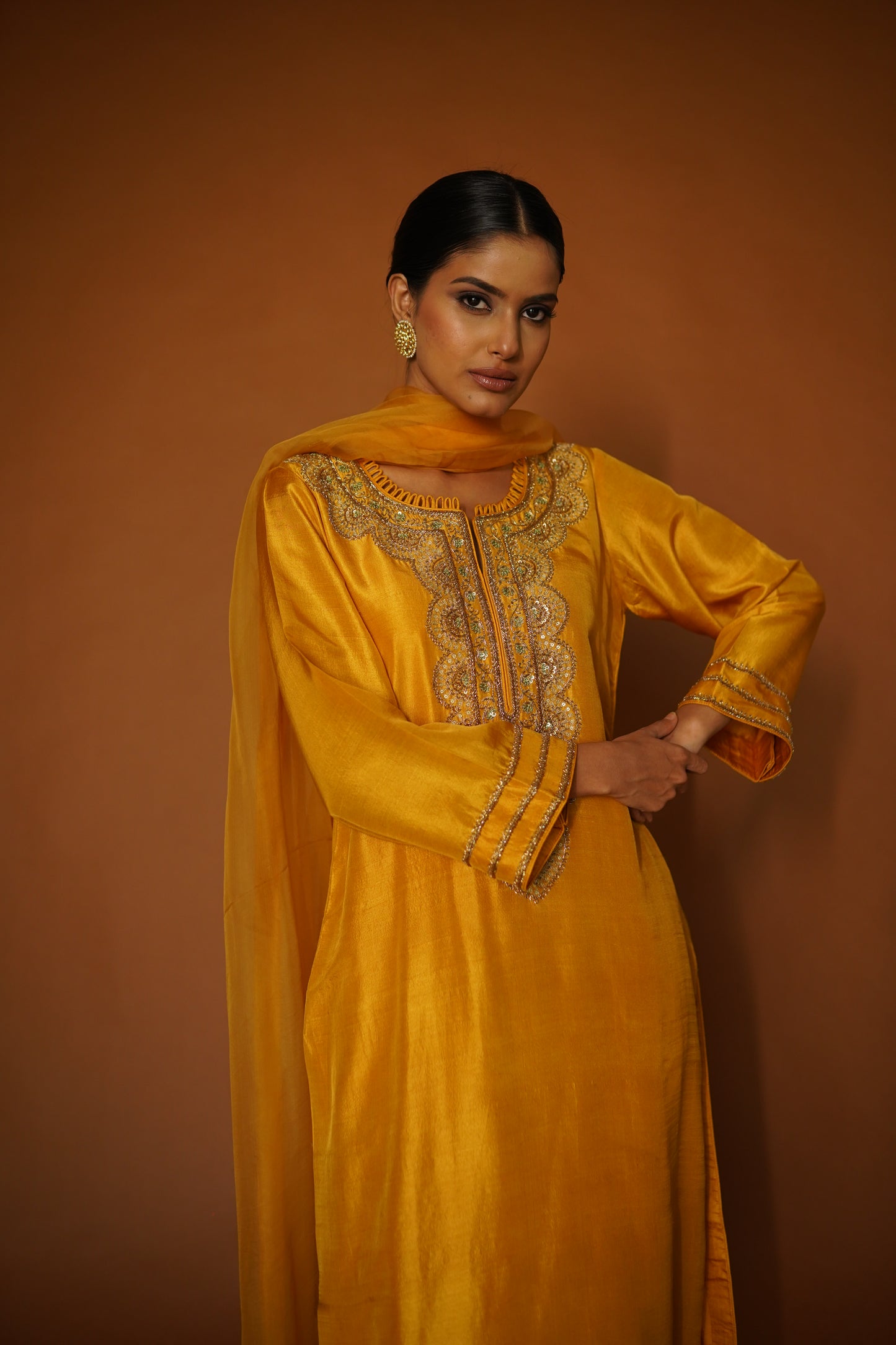 Sunglow Mustard Dupion Silk Kurta with Pants & Organza Dupatta