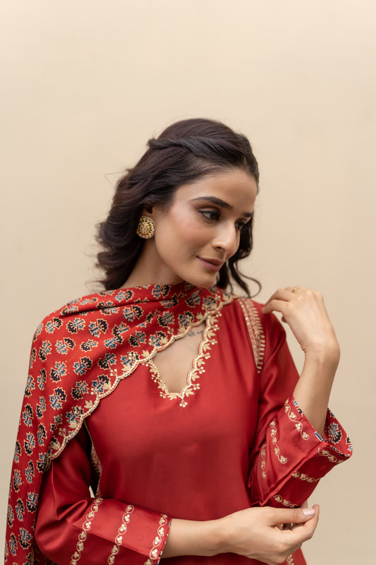 Wine chanderi kali kurta with Ajrakh pants and Dupatta