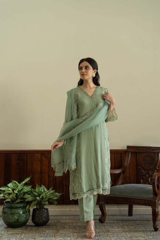 Pista Green georgette kali suit with salwar and organza dupatta