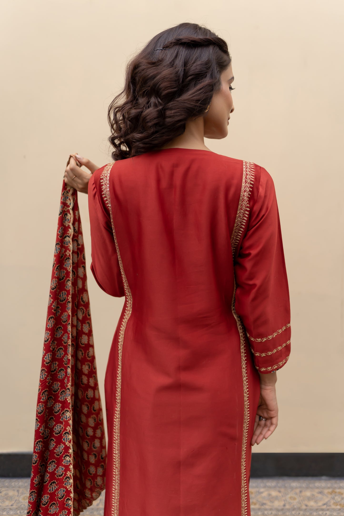 Wine chanderi kali kurta with Ajrakh pants and Dupatta