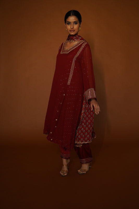 Maroon Wine Ajrakh Kali Kurta with Salwar & Ajrakh Embroidered Dupatta