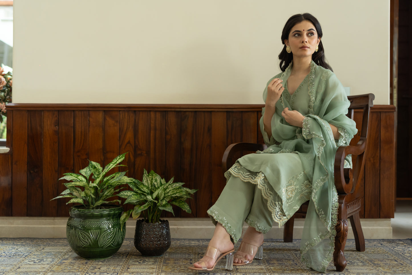 Pista Green georgette kali suit with salwar and organza dupatta