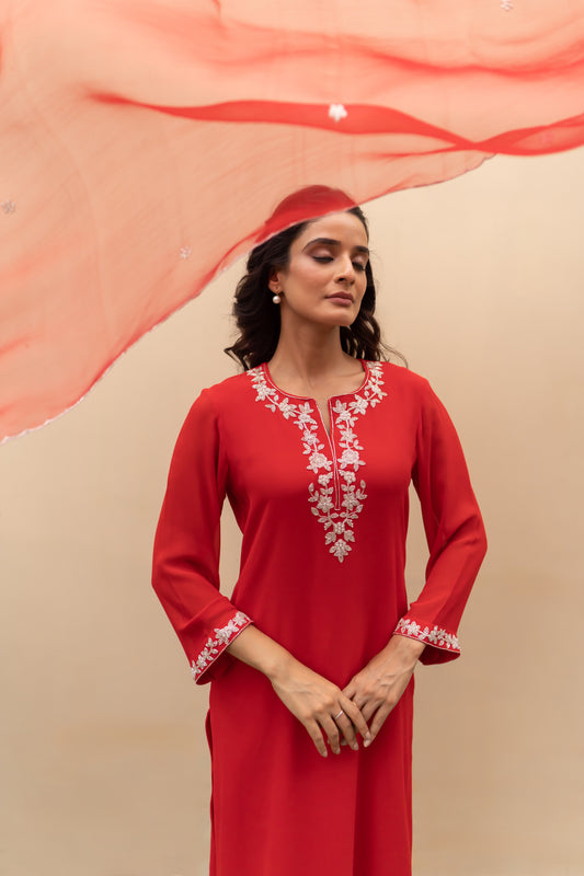 Crimson Red Georgette kurta with pants and organza dupatta