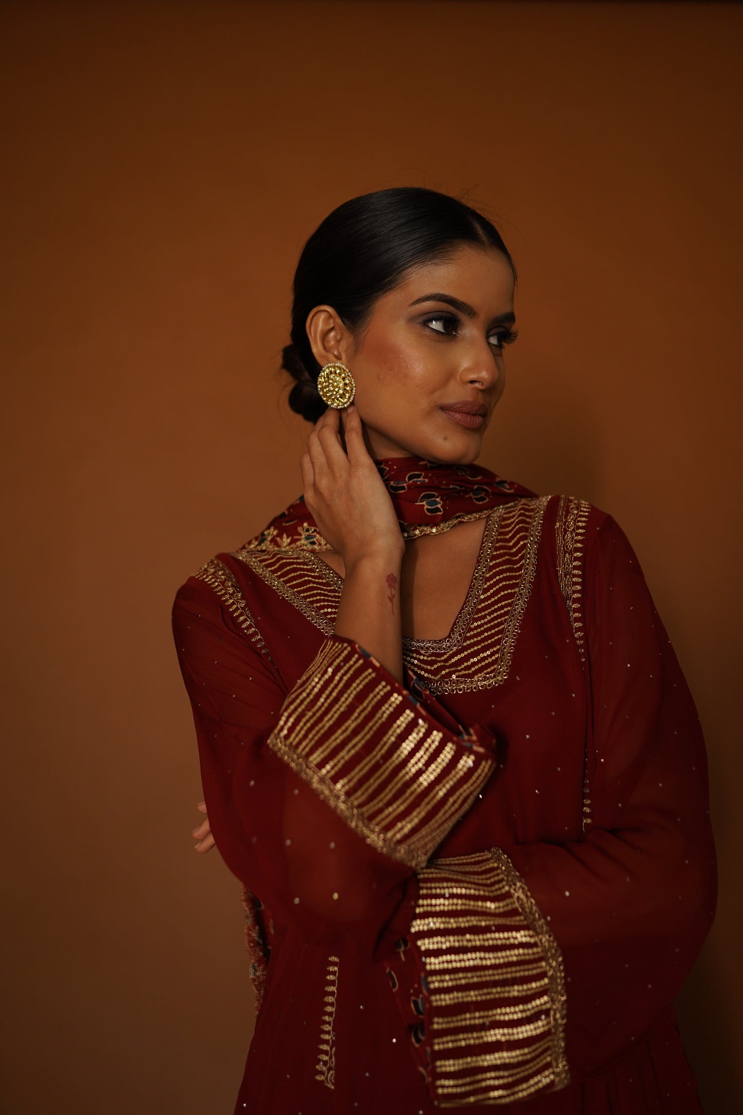 Maroon Wine Ajrakh Kali Kurta with Salwar & Ajrakh Embroidered Dupatta