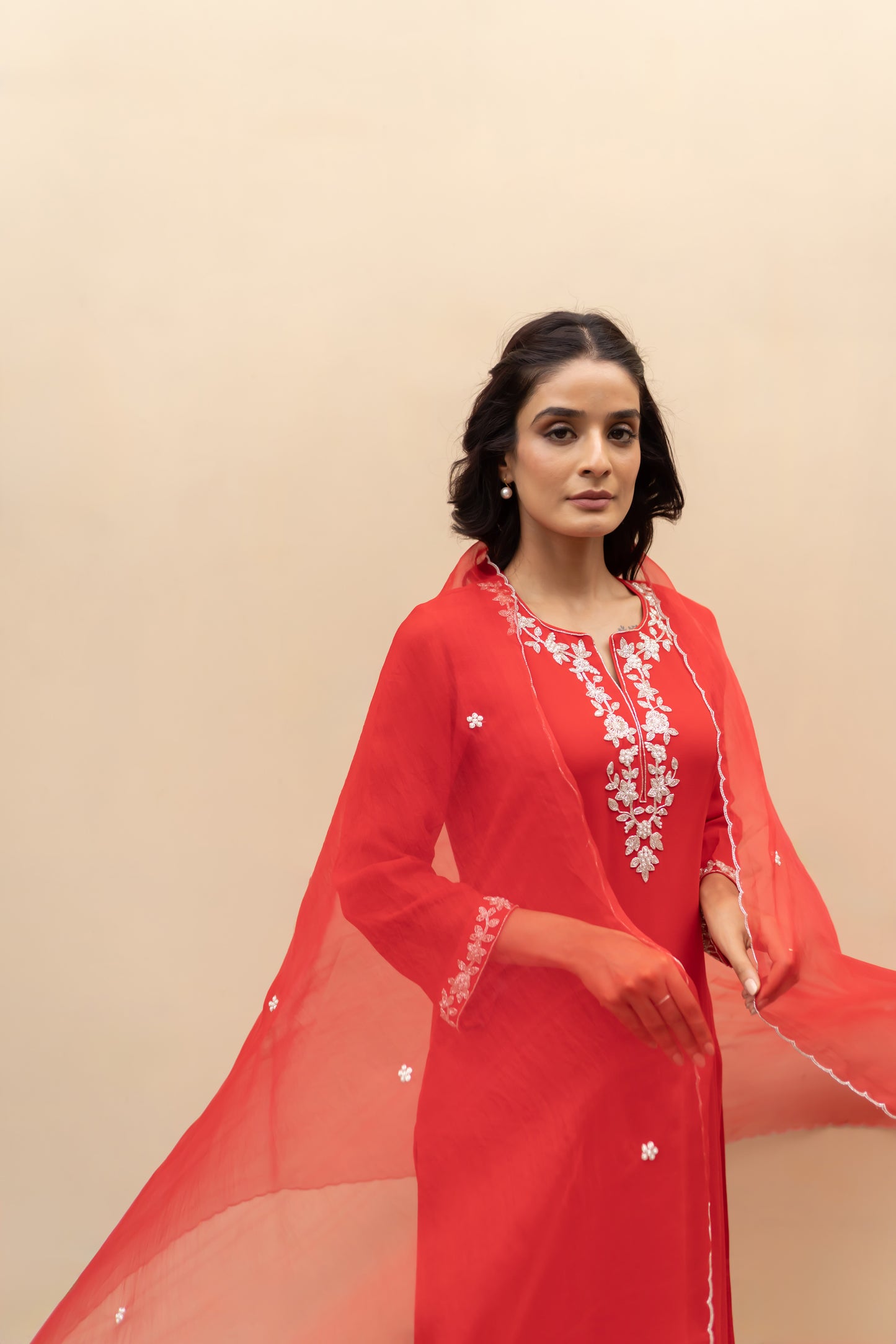 Crimson Red Georgette kurta with pants and organza dupatta