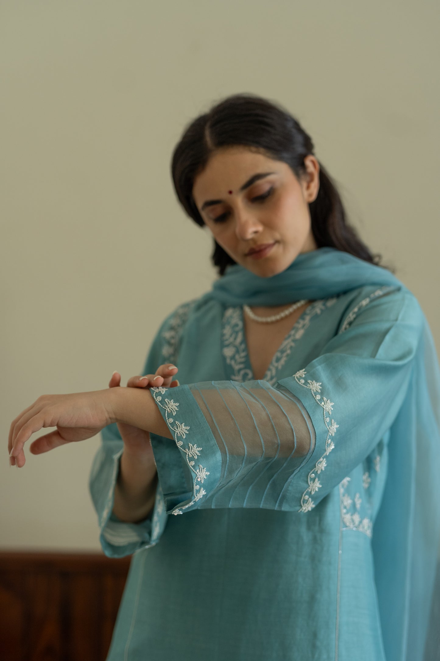Blue chanderi kurta with pants and organza dupatta