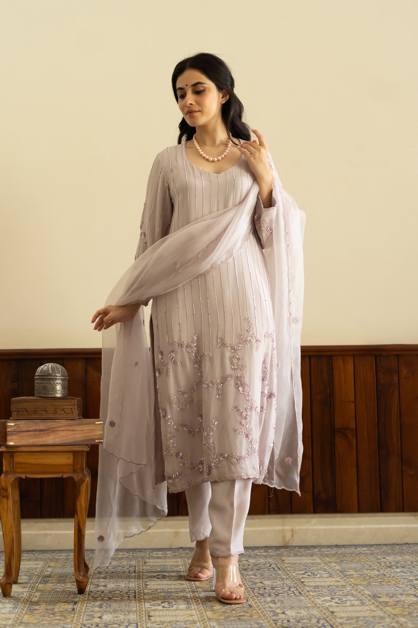 Lilac georgette suit with pants and organza dupatta