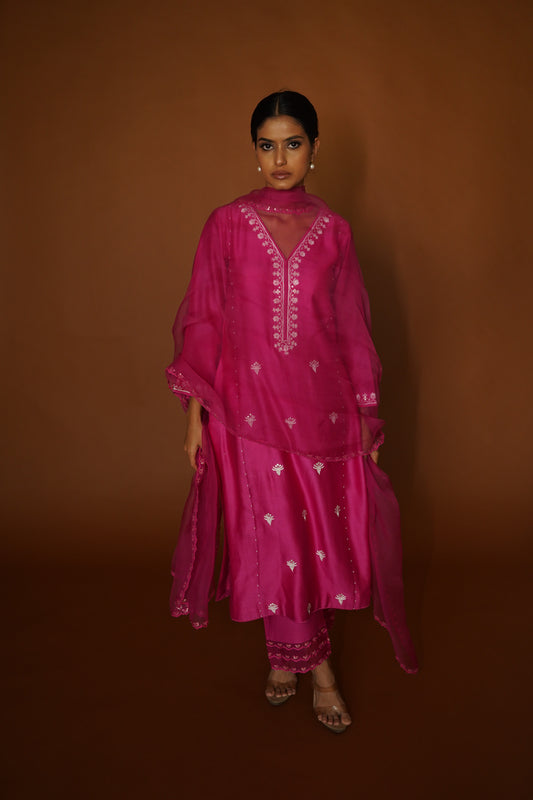 Pink Chanderi Kali Kurta with Pants & Organza Dupatta