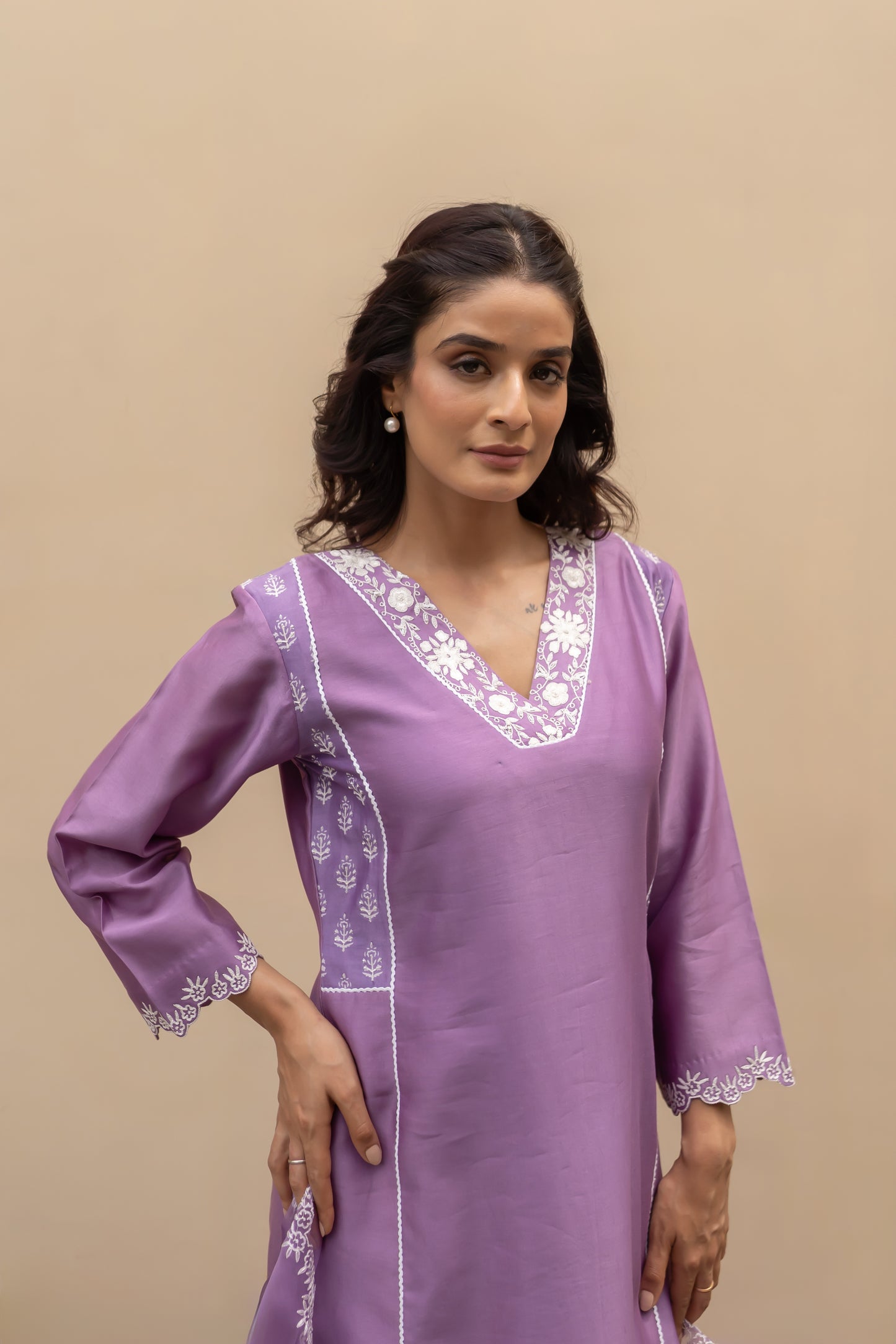 Lilac chanderi kali kurta with pants and organza dupatta.