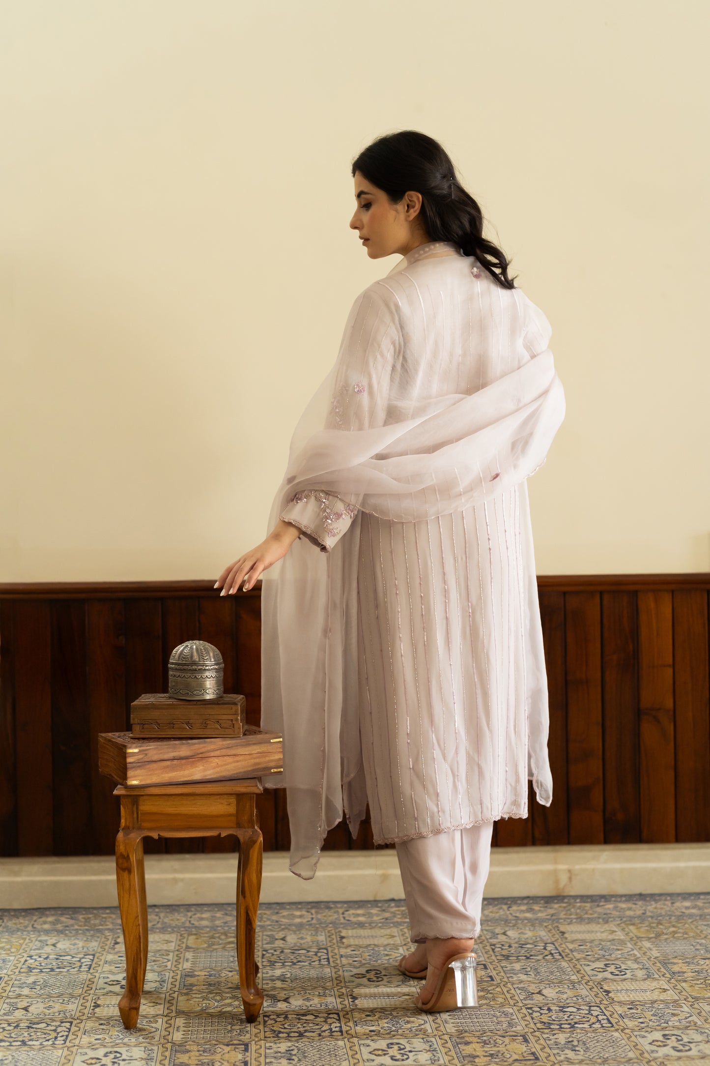 Lilac georgette suit with pants and organza dupatta