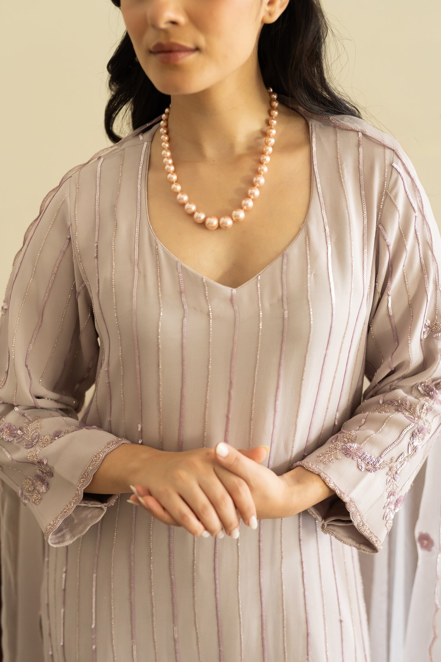 Lilac georgette suit with pants and organza dupatta