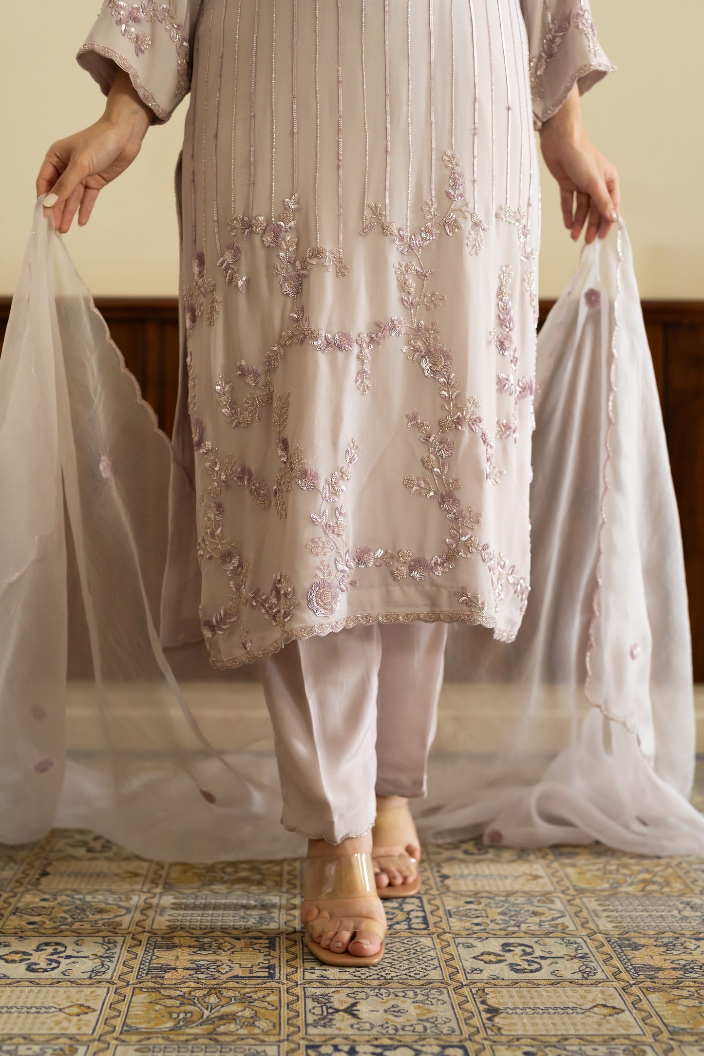 Lilac georgette suit with pants and organza dupatta