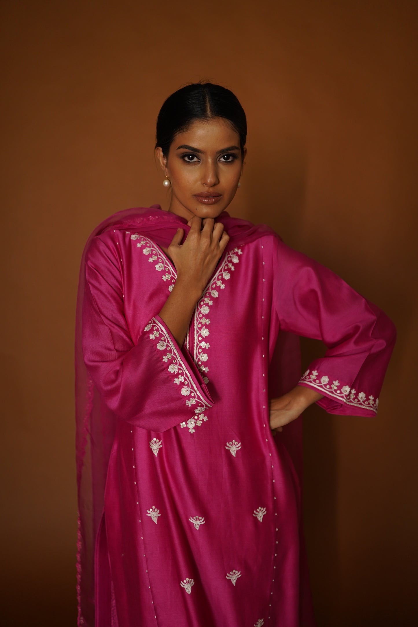 Pink Chanderi Kali Kurta with Pants & Organza Dupatta