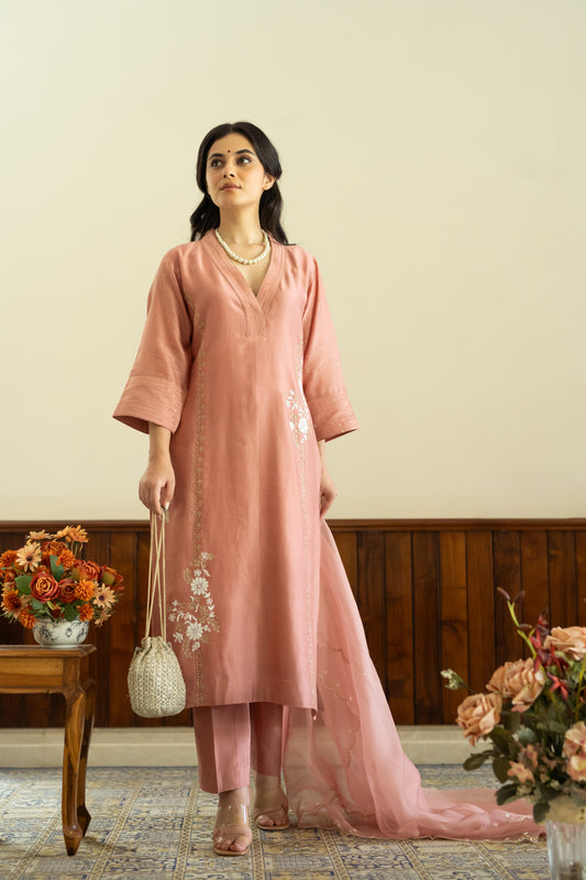 Salmon Pink chanderi kali kurta with pants and organza dupatta