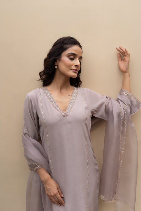 Dusty Lavender Crepe kali kurta with pants and organza dupatta