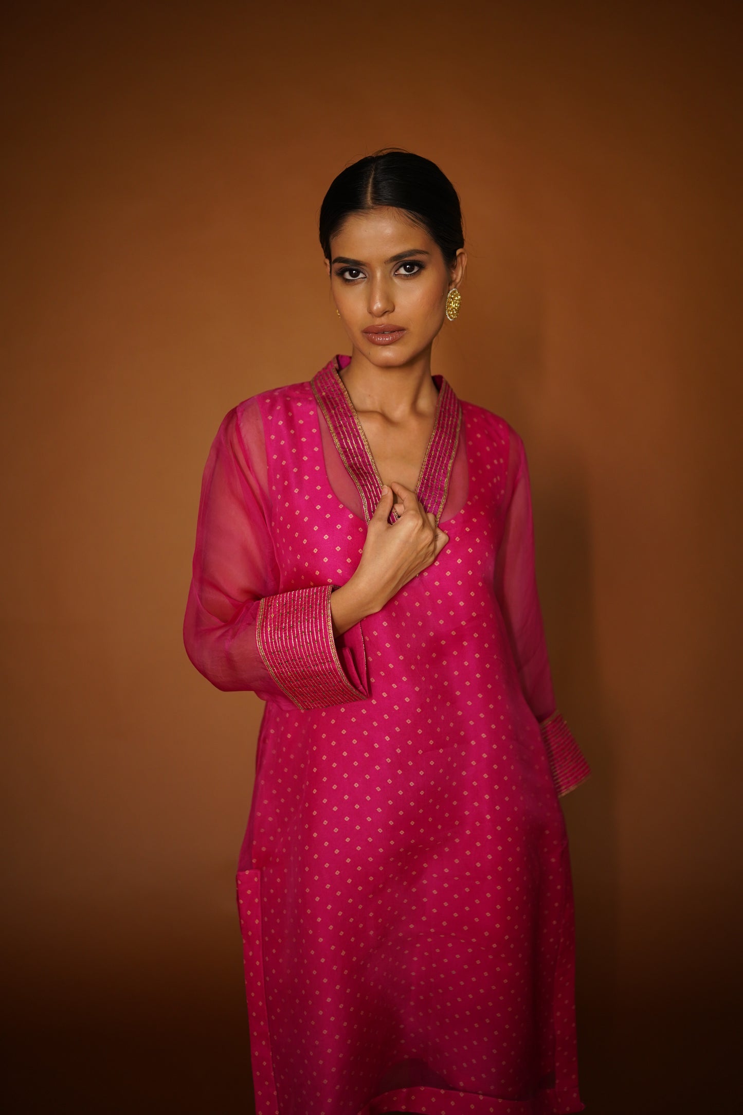 Pink Bandhej Co-ord Set with Organza Overlay