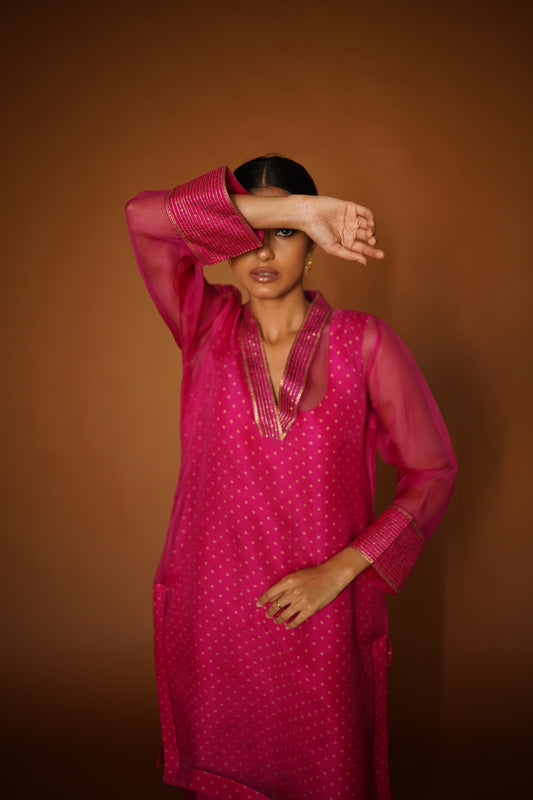 Pink Bandhej Co-ord Set with Organza Overlay