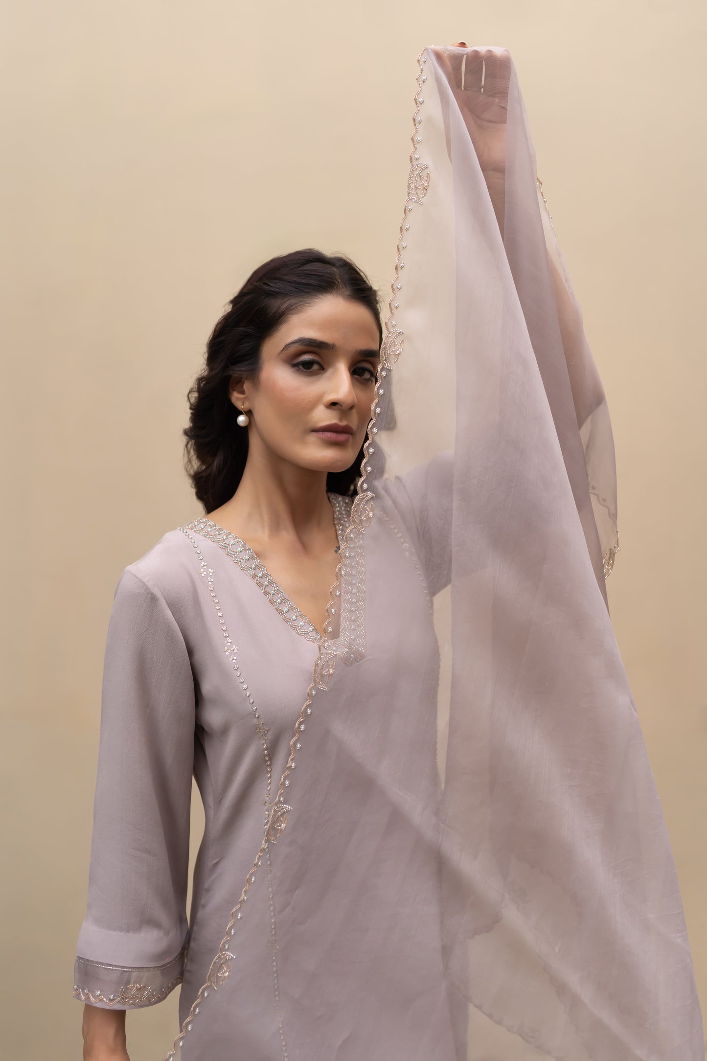 Dusty Lavender Crepe kali kurta with pants and organza dupatta