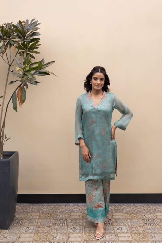 Dark Turquoise Linen co-ord set with organza overlay