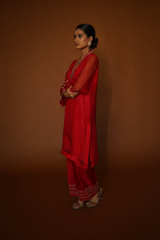 Red Bandhej Co-ord Set with Organza Overlay