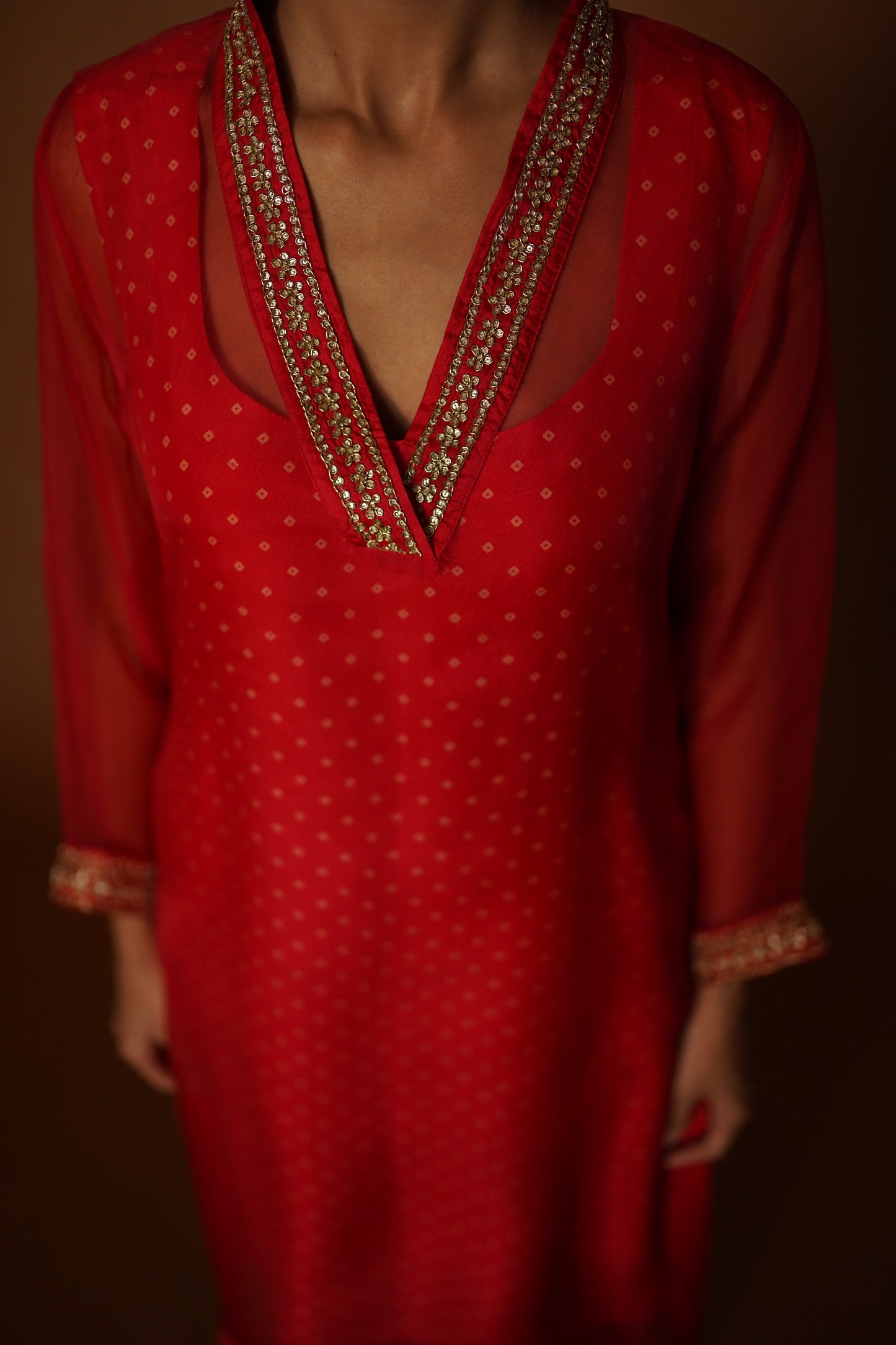 Red Bandhej Co-ord Set with Organza Overlay