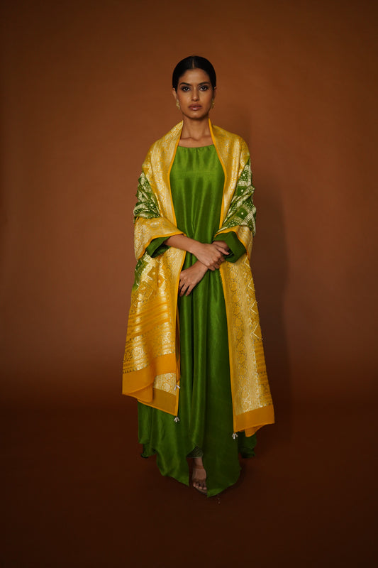 Green Dupion Silk Asymmetrical Kurta with Pants & Bandhej Dupatta