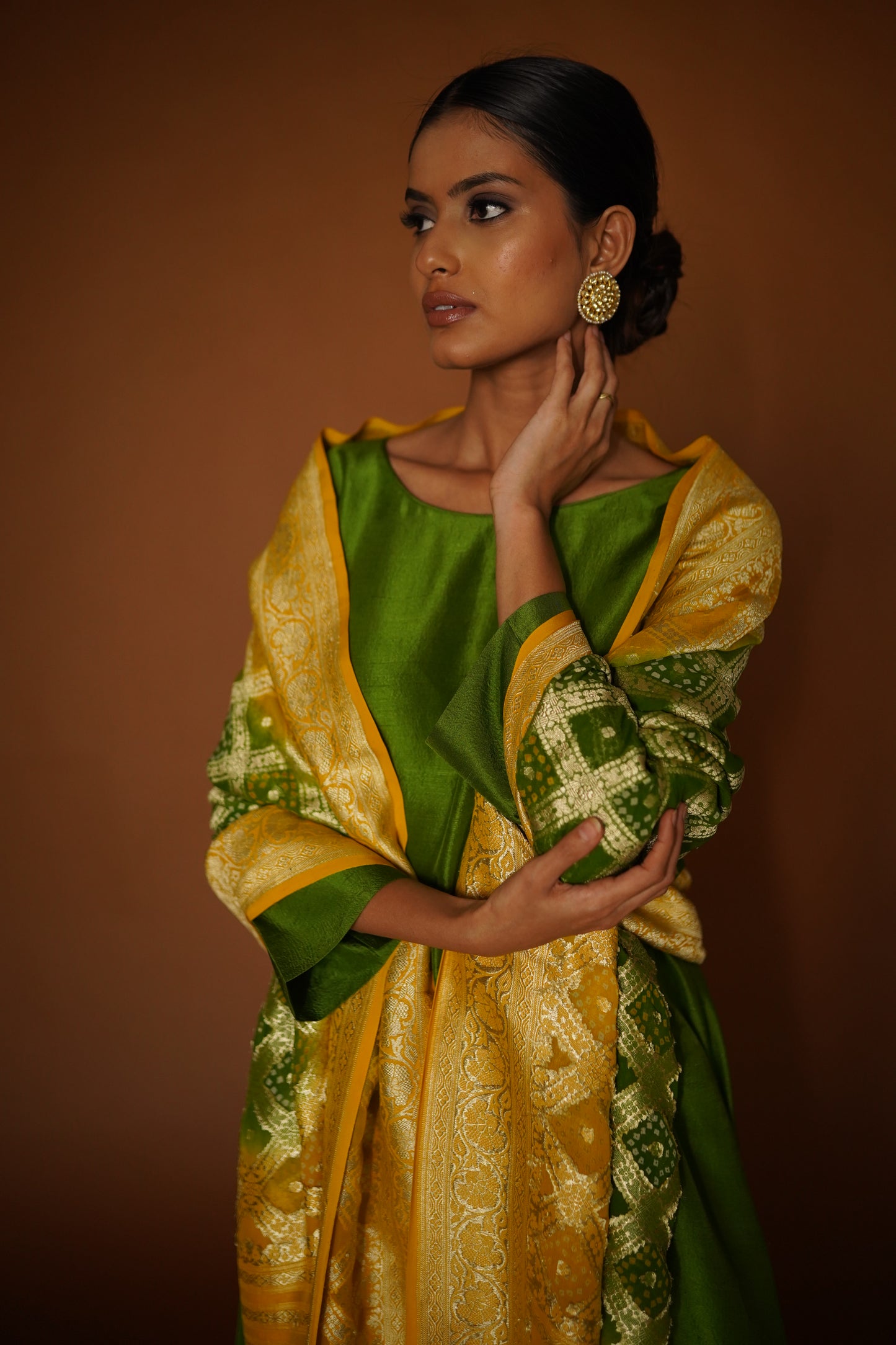 Green Dupion Silk Asymmetrical Kurta with Pants & Bandhej Dupatta