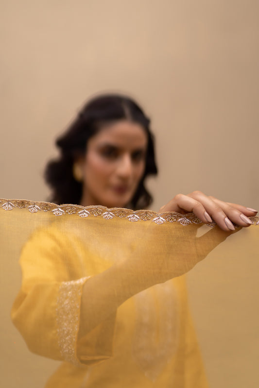 Mustard chanderi mukaish kali kurta with pants and organza dupatta.
