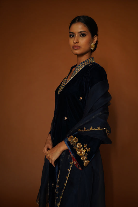 Peacock Blue Velvet A-line Kurta with Salwar & Organza Dupatta